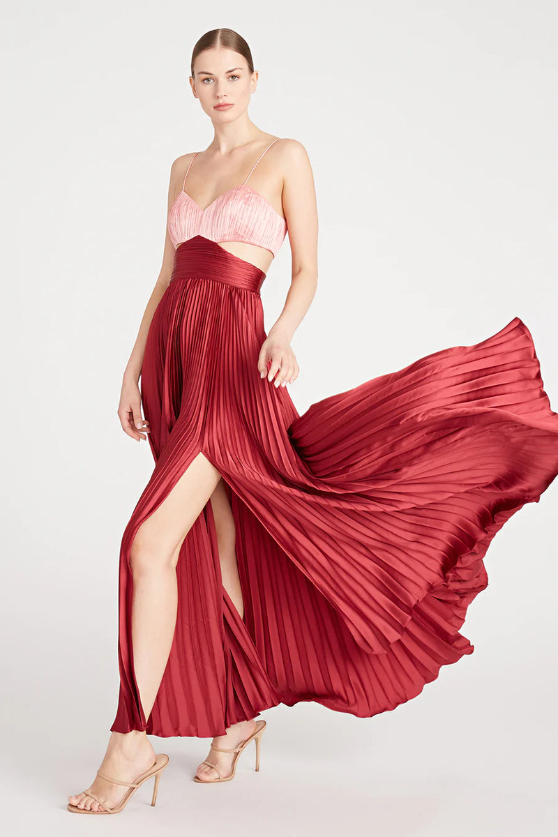 Amur Elodie Pleated Cutout Gown in Peachy Apricot/Red Ochre