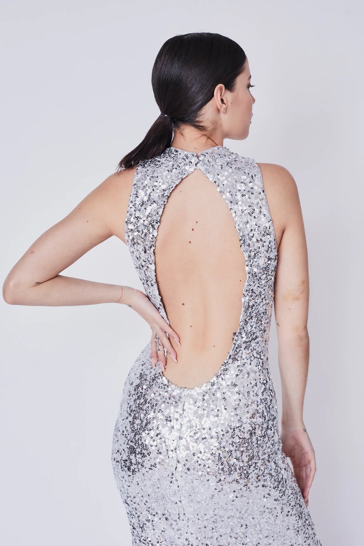 Deluc. Nucci Sequin Gown in Silver