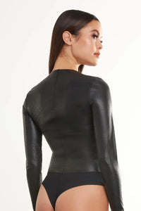 Commando Faux Leather Long Sleeve Crew Neck Bodysuit in Black
