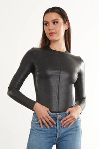 Commando Faux Leather Long Sleeve Crew Neck Bodysuit in Black