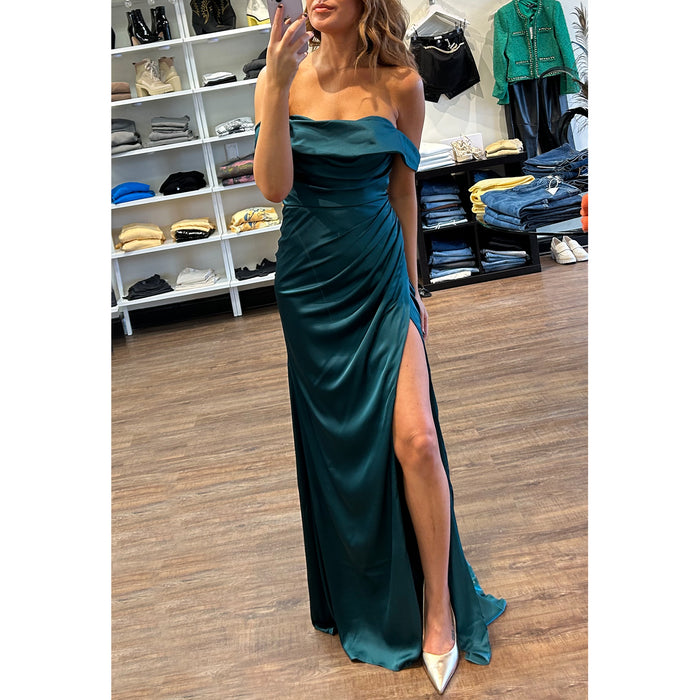 CD Off The Shoulder Pleated Gown in Emerald