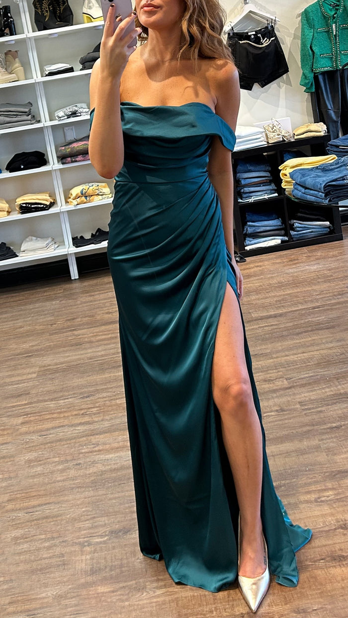 CD Off The Shoulder Pleated Gown in Emerald