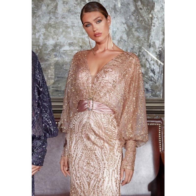 CD Long Sleeve Belted Glitter Gown in Rose Gold