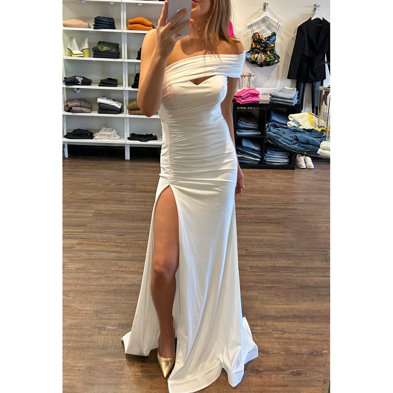 CD Off One Shoulder Stretch Gown in White