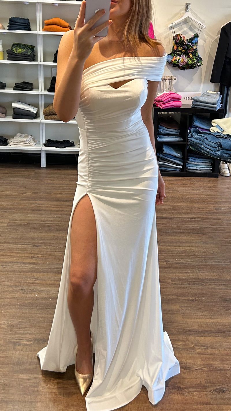 CD Off One Shoulder Stretch Gown in White