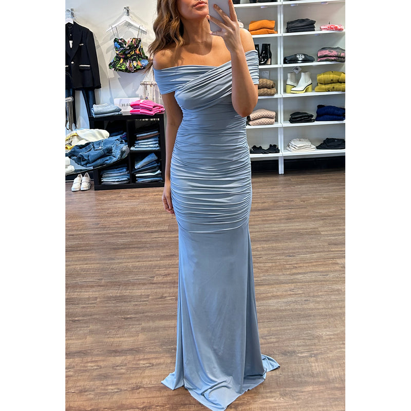 CD Jersey Off The Shoulder Gown in Baby Blue