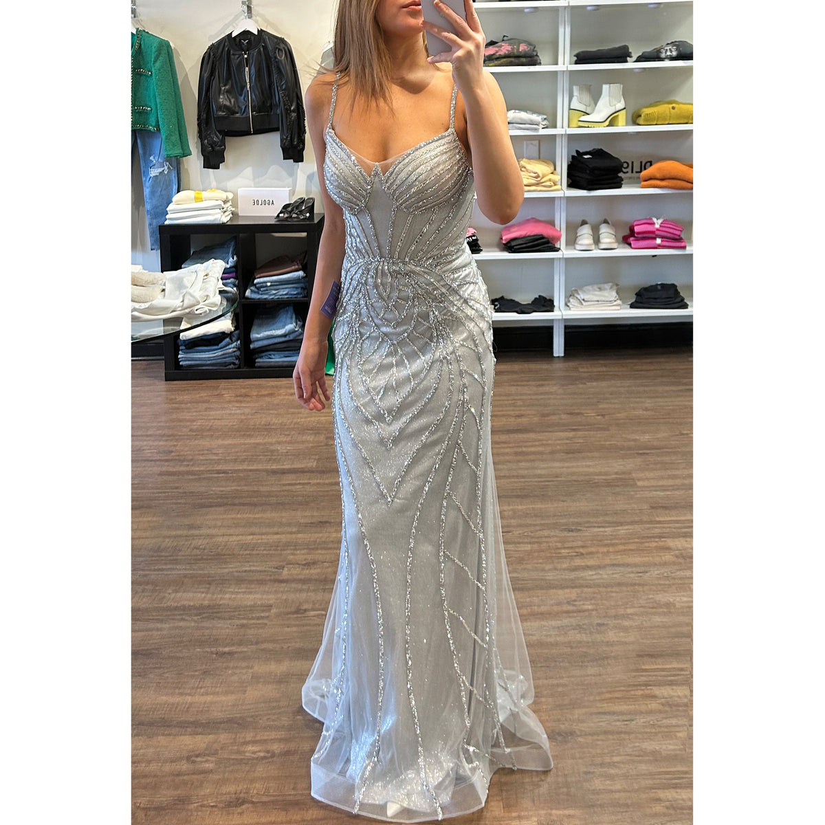 CD Art Deco Fit and Flare Gown in Silver