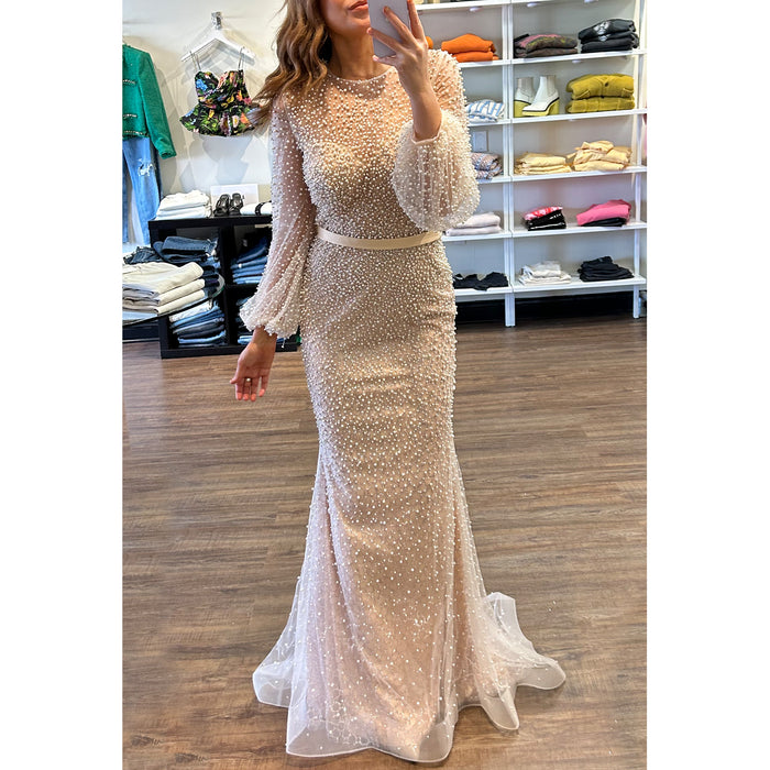 CD Iris Long Sleeve Pearl Gown in Nude