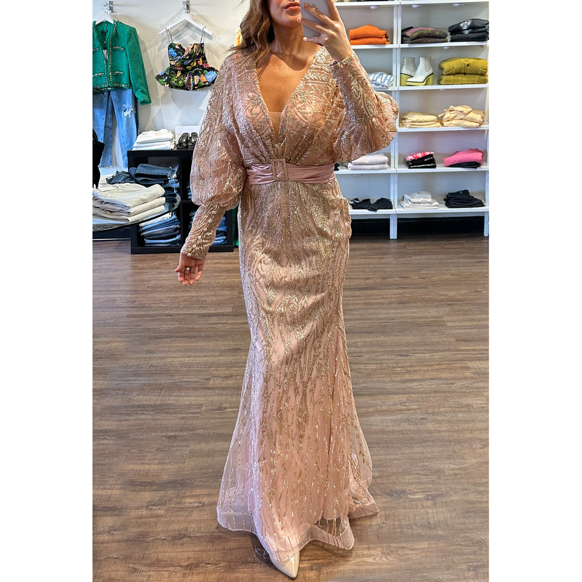 CD Long Sleeve Belted Glitter Gown in Rose Gold