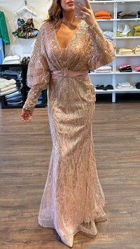 CD Long Sleeve Belted Glitter Gown in Rose Gold