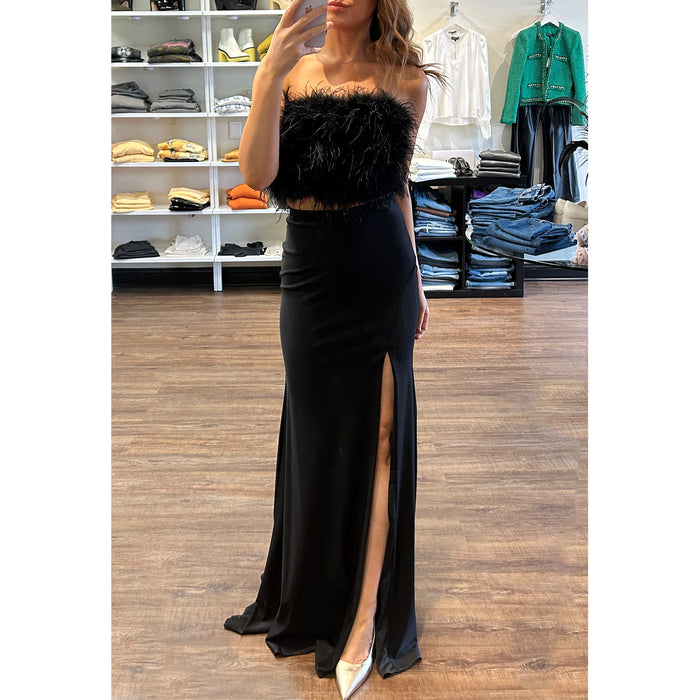 CD Strapless Feather Two Piece Gown in Black