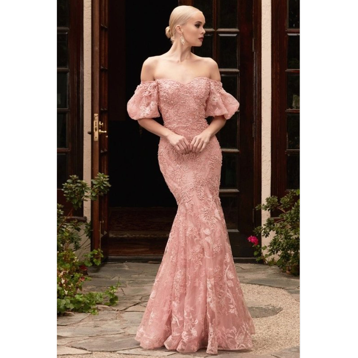 CD Fitted Off The Shoulder Mermaid Lace Gown in Dusty Rose