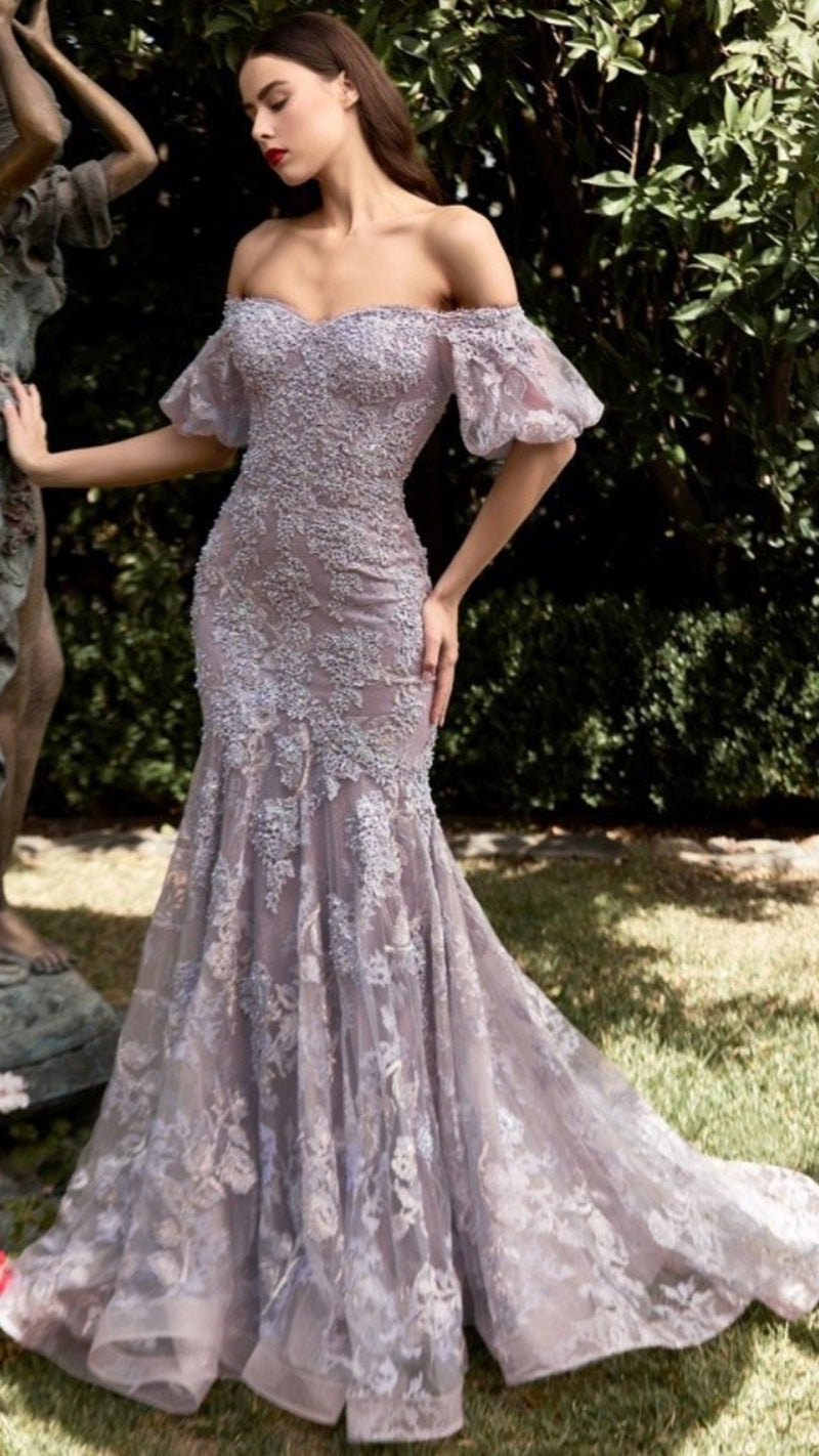 CD Fitted Off The Shoulder Mermaid Lace Gown in Violet