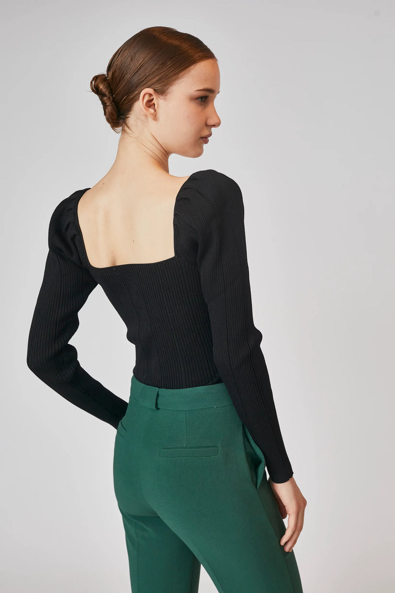 Deluc. Fiorentino Puff Sleeve Ribbed Top in Black