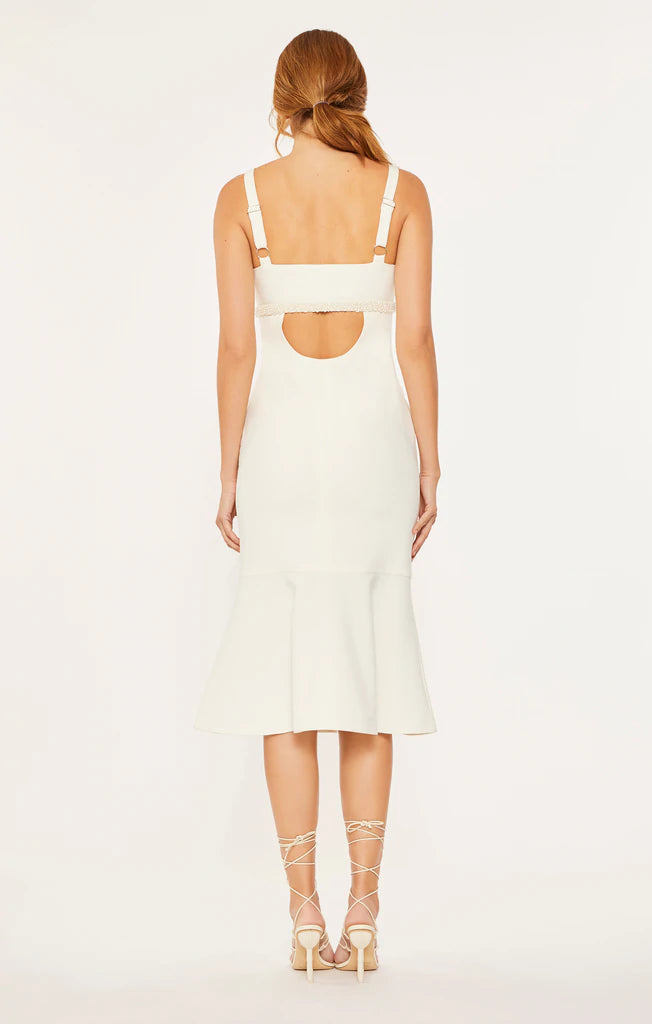 Likely Lane Pearl Trumpet Midi Dress in White
