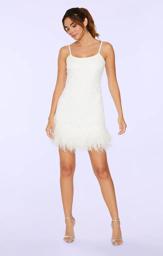 Likely Mari Lace Feather Mini Dress in White