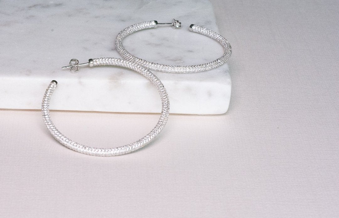 Samfa Style Large Pave Diamond Hoops in Silver