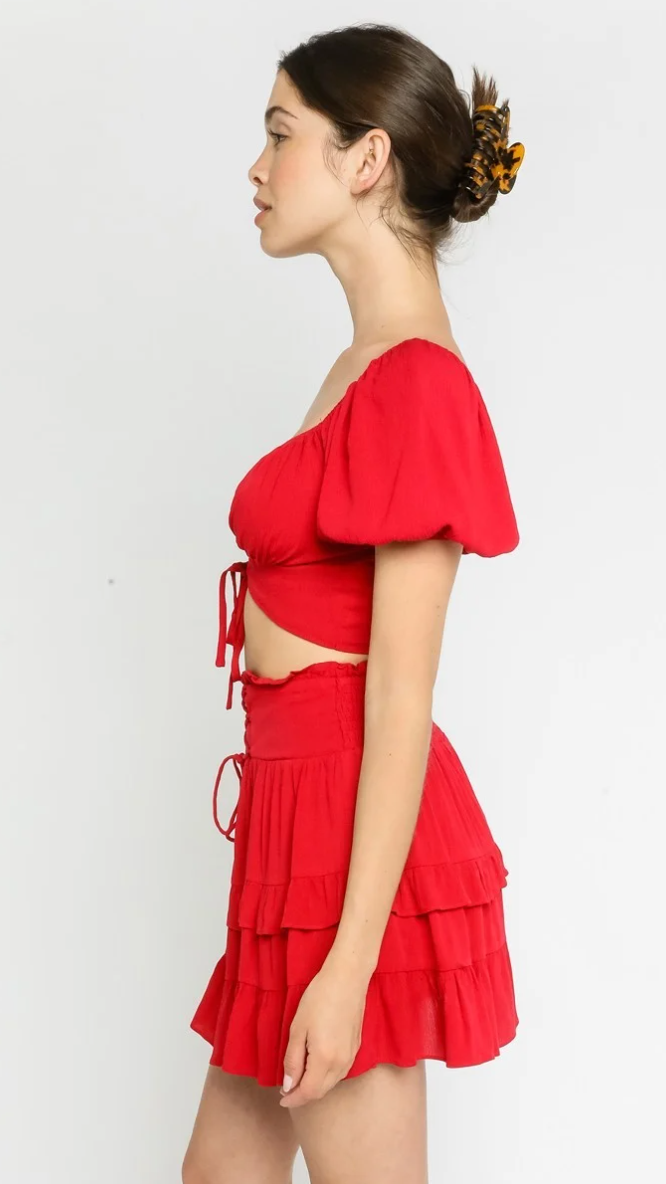 Puff Sleeve Tie Crop Top in Red