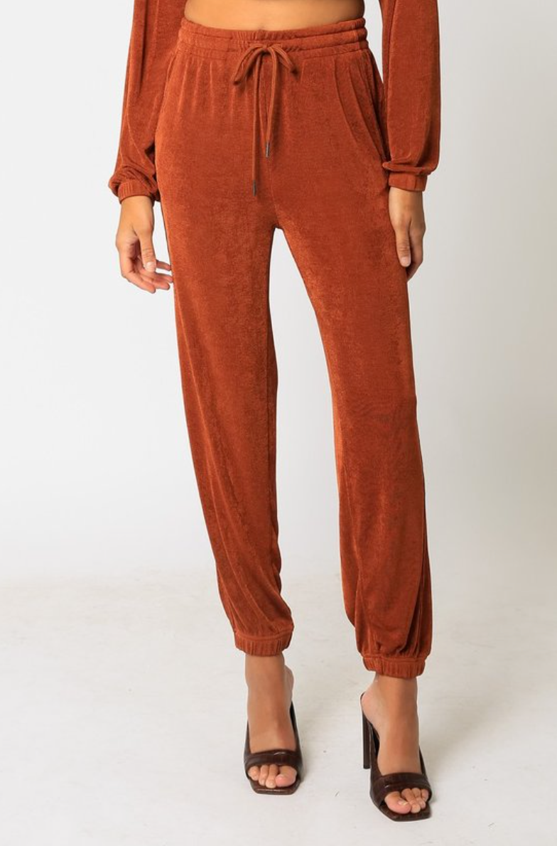 Lurex Drawstring Joggers in Rust