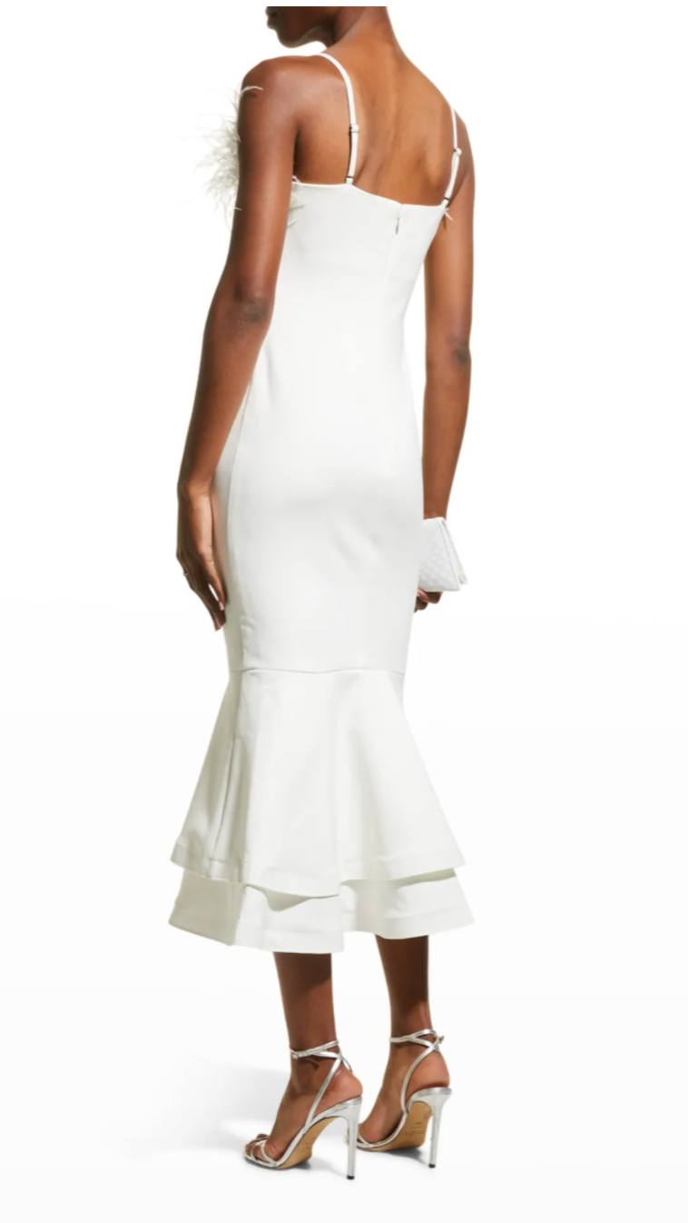 Likely Aurora Feather Trumpet Midi Dress in White – Suite 201