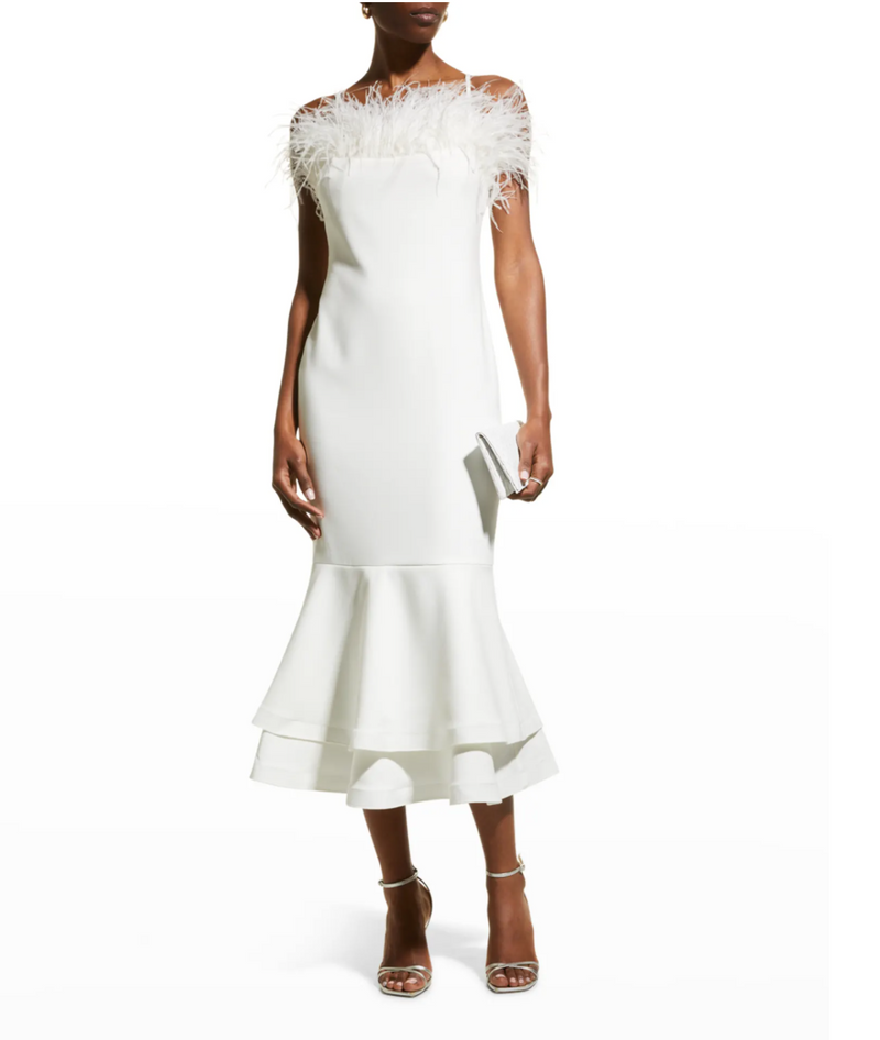 Likely Aurora Feather Trumpet Midi Dress in White