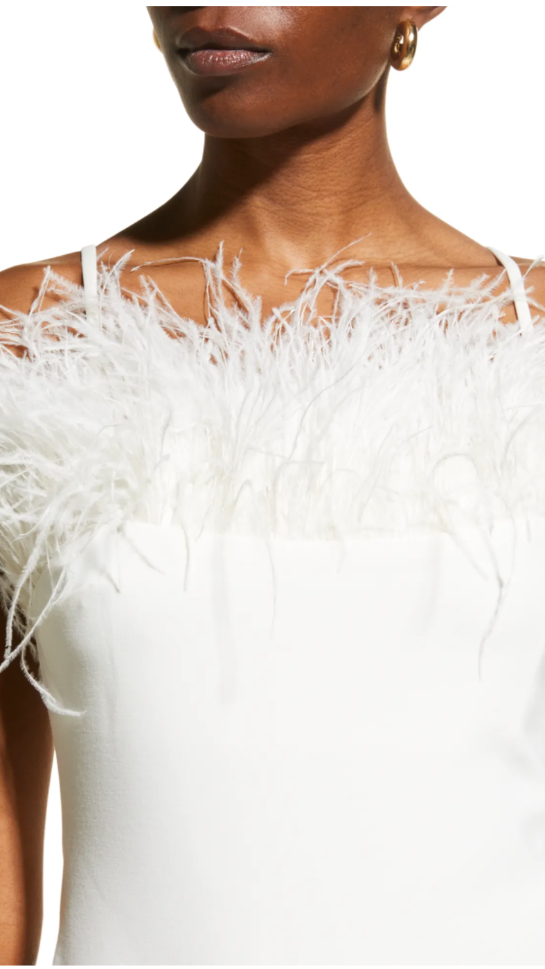 Likely Aurora Feather Trumpet Midi Dress in White – Suite 201