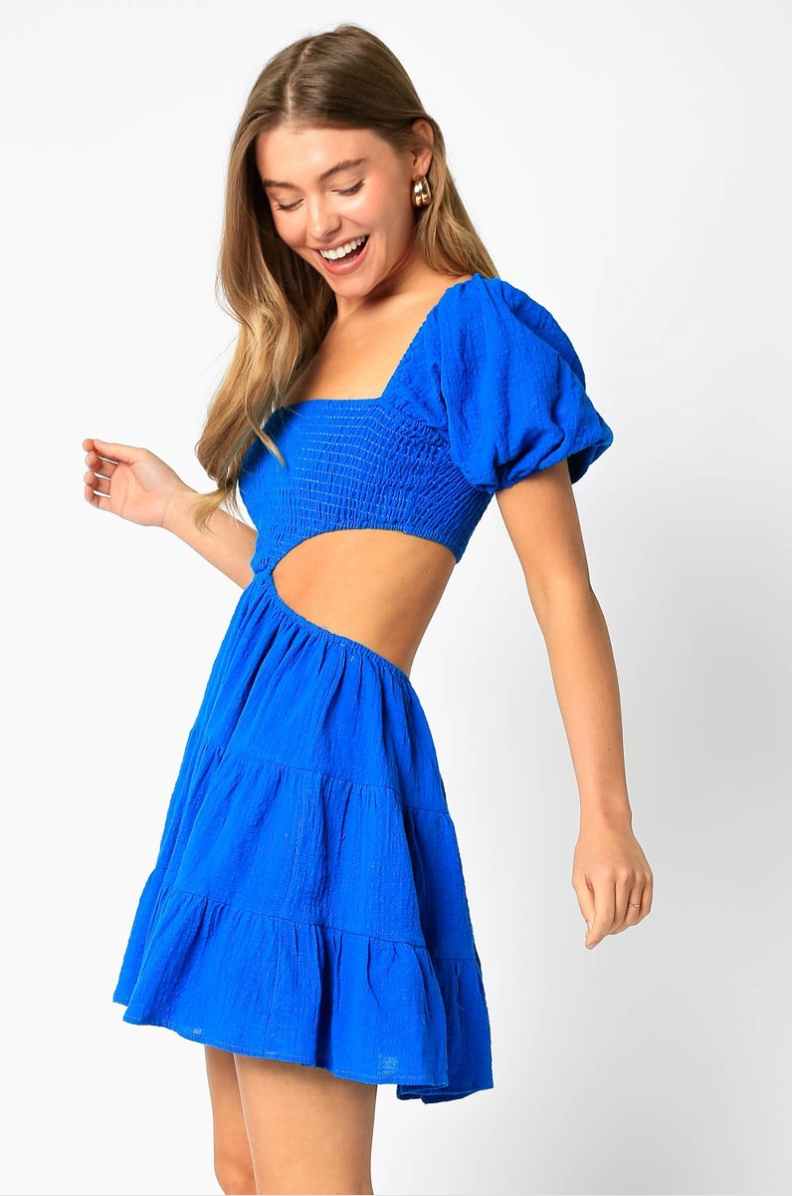 Olivaceous Puff Sleeve Cutout Mini Dress in Blue