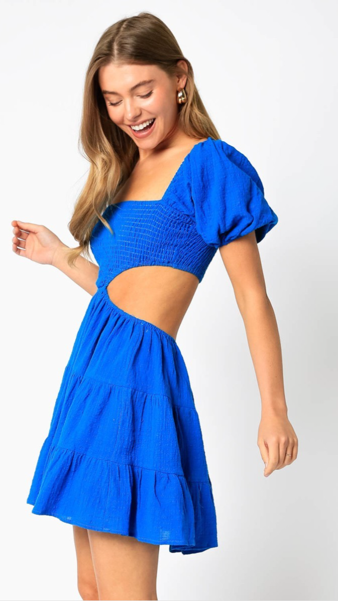 Olivaceous Puff Sleeve Cutout Mini Dress in Blue