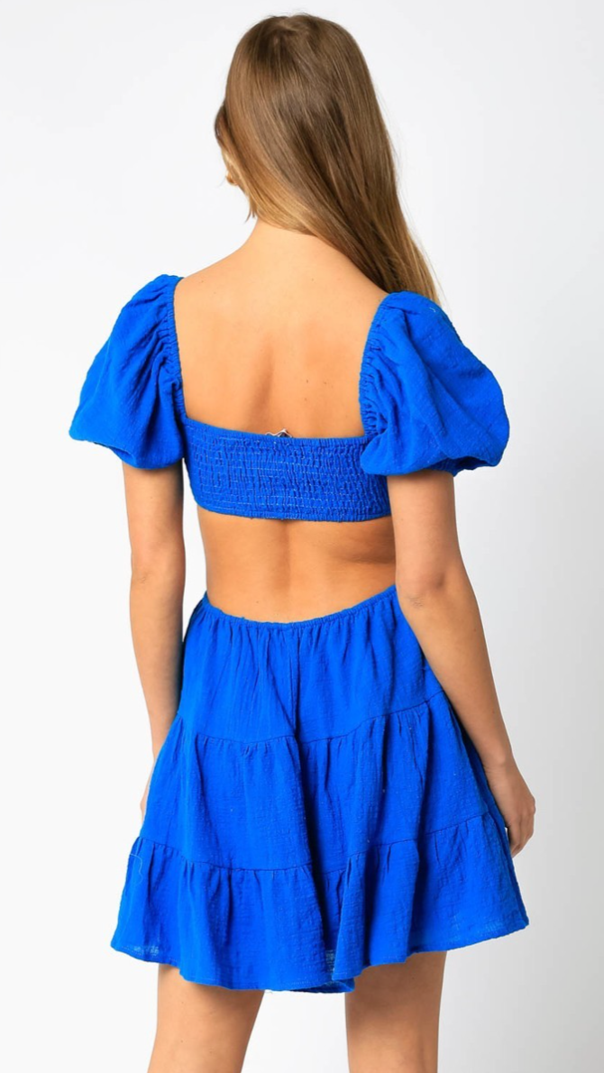 Olivaceous Puff Sleeve Cutout Mini Dress in Blue