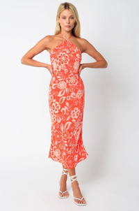 Olivaceous Amara Halter Cutout Midi Dress in Orange Print