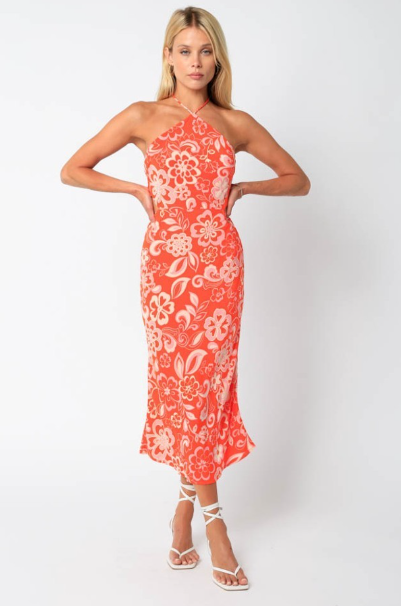 Olivaceous Amara Halter Cutout Midi Dress in Orange Print