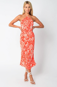 Amara Halter Cutout Midi Dress in Orange Print