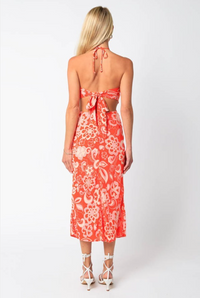 Amara Halter Cutout Midi Dress in Orange Print