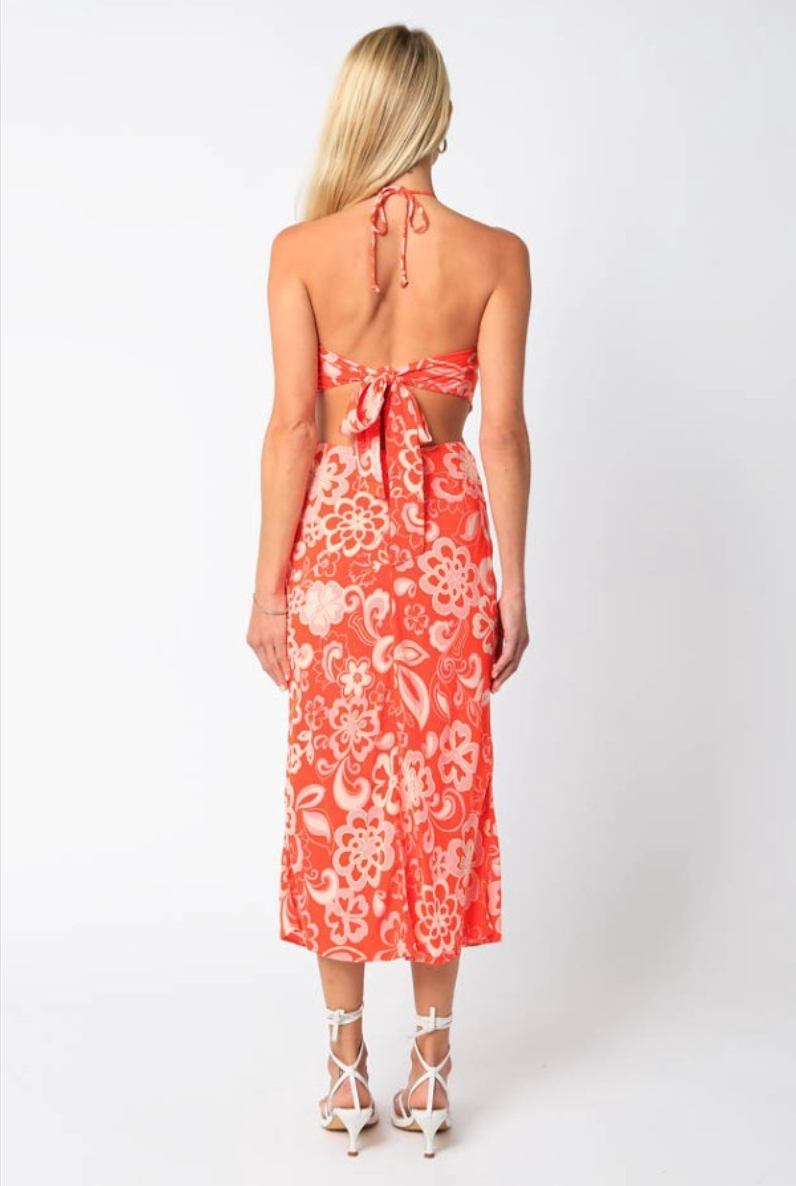 Amara Halter Cutout Midi Dress in Orange Print