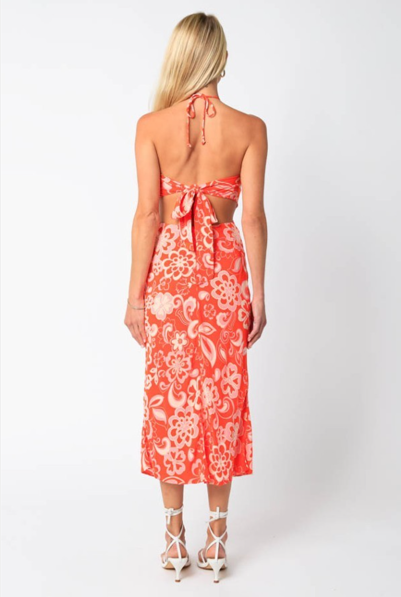 Olivaceous Amara Halter Cutout Midi Dress in Orange Print