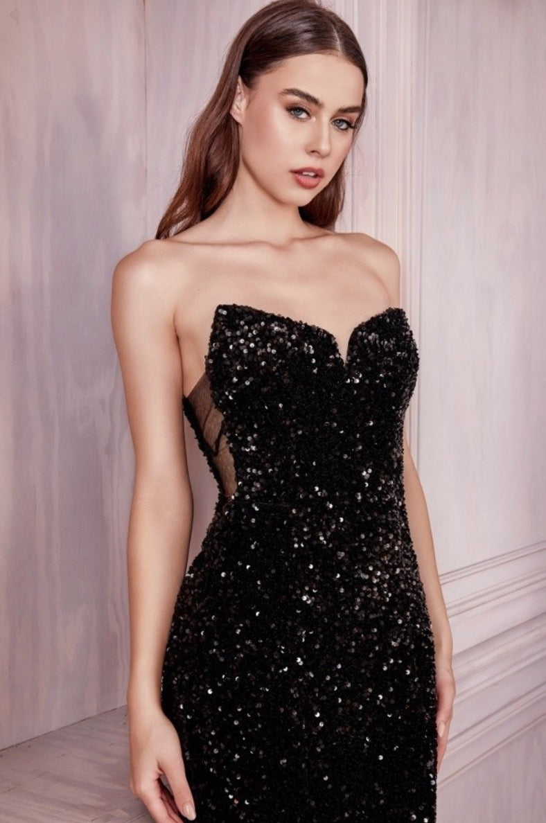 CD Strapless Sequin Gown in Black