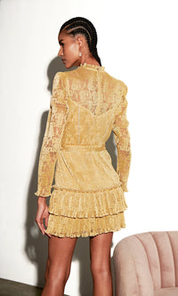 Saylor Adria Long Sleeve High Neck Pleated Lace Mini Dress in Gold Foil