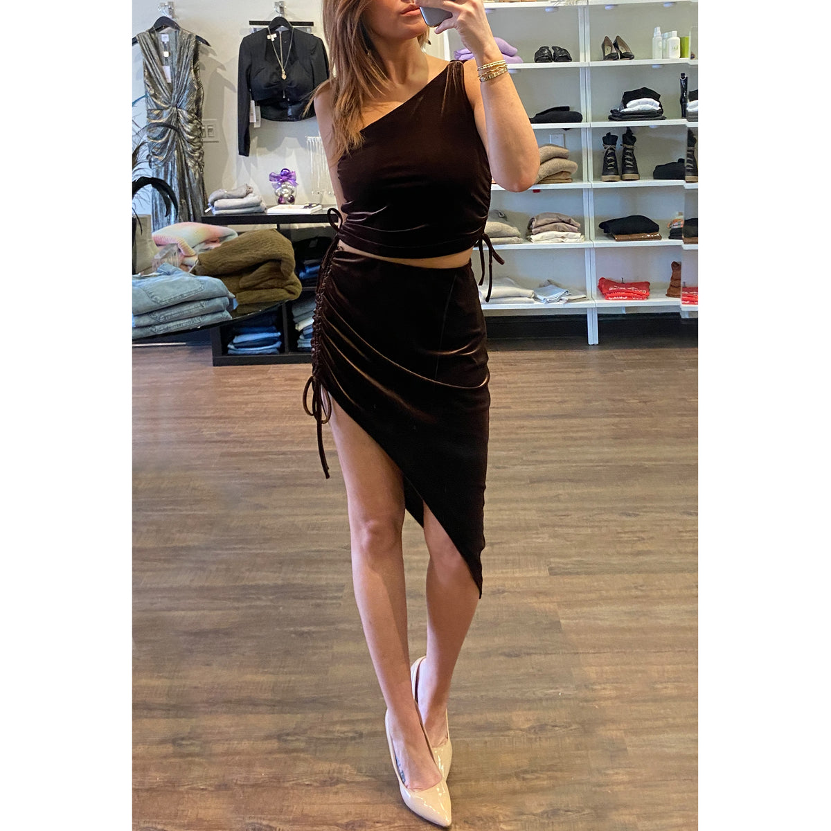 Amanda Uprichard Aviette Velvet Skirt in Cocoa