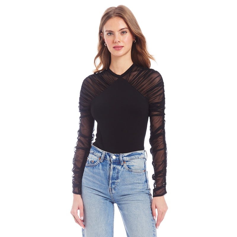 Amanda Uprichard Shandi Sheer Sleeve Bodysuit in Black