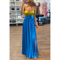 Amur Elodie Pleated Cutout Gown in Citrine Green/Aqua