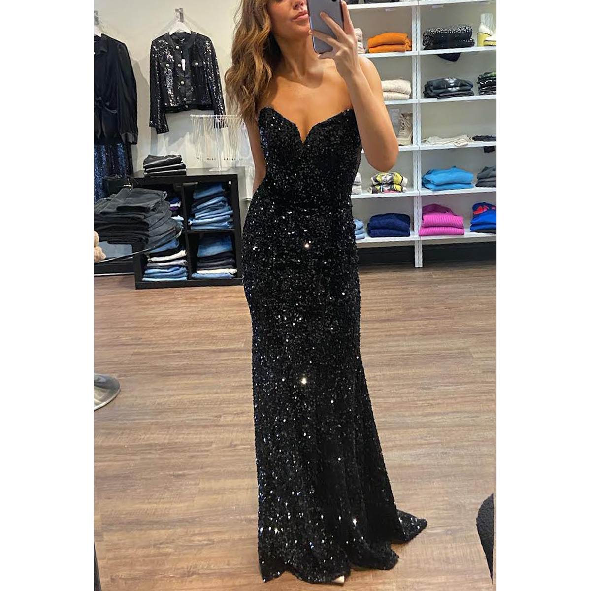 CD Strapless Sequin Gown in Black