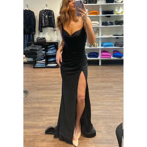 CD Ruched Slit Gown in Black