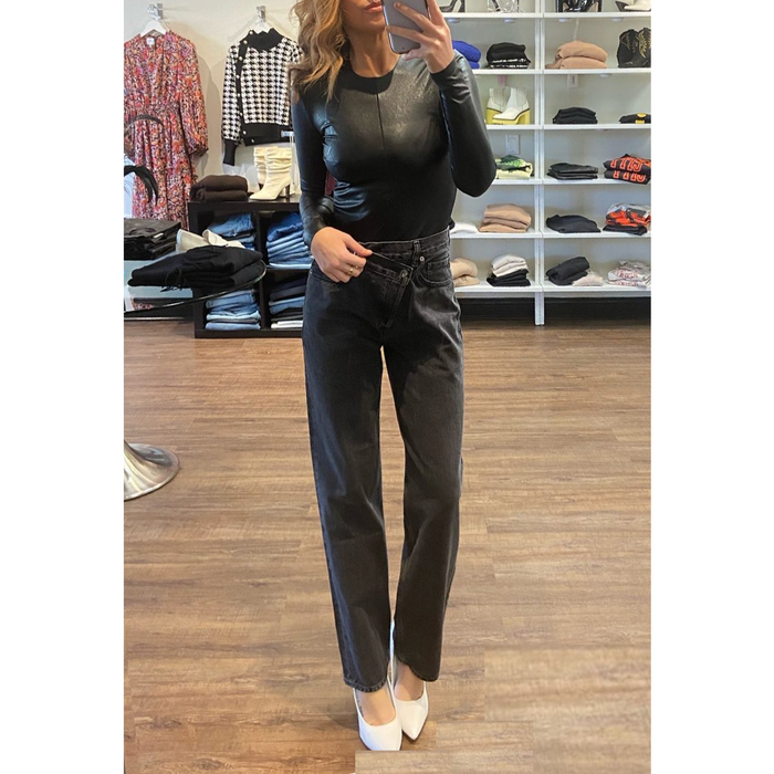 Commando Faux Leather Long Sleeve Crew Neck Bodysuit in Black