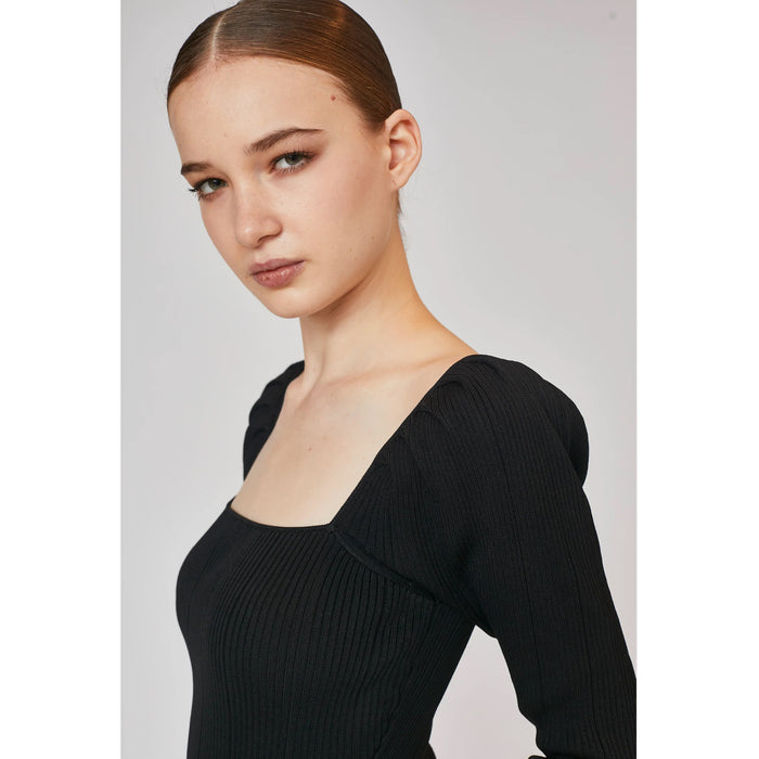 Deluc. Fiorentino Puff Sleeve Ribbed Top in Black