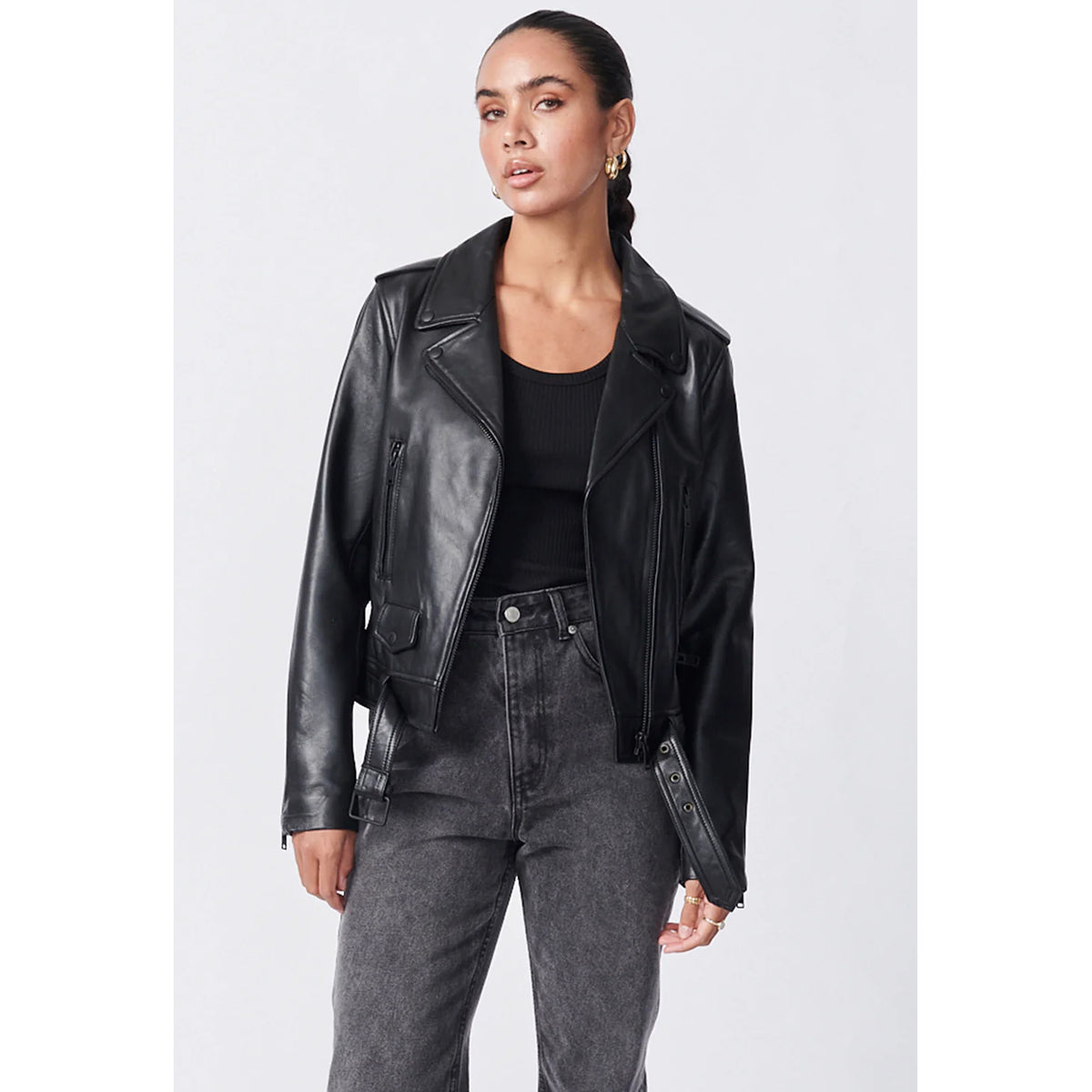 Ena Pelly Smooth New Yorker Leather Jacket in Black/Black