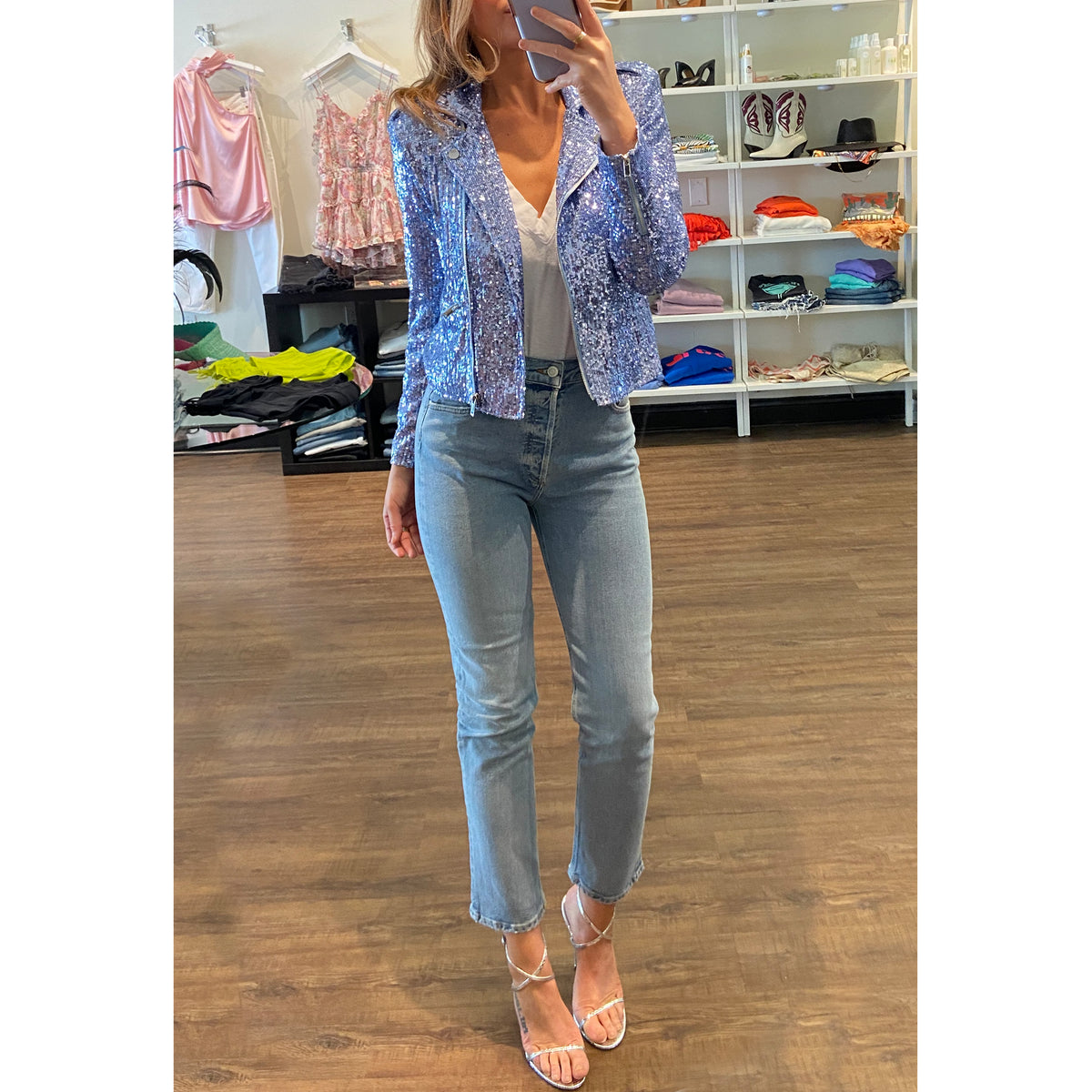 Generation Love Robin Sequin Moto Jacket in Chambray Blue