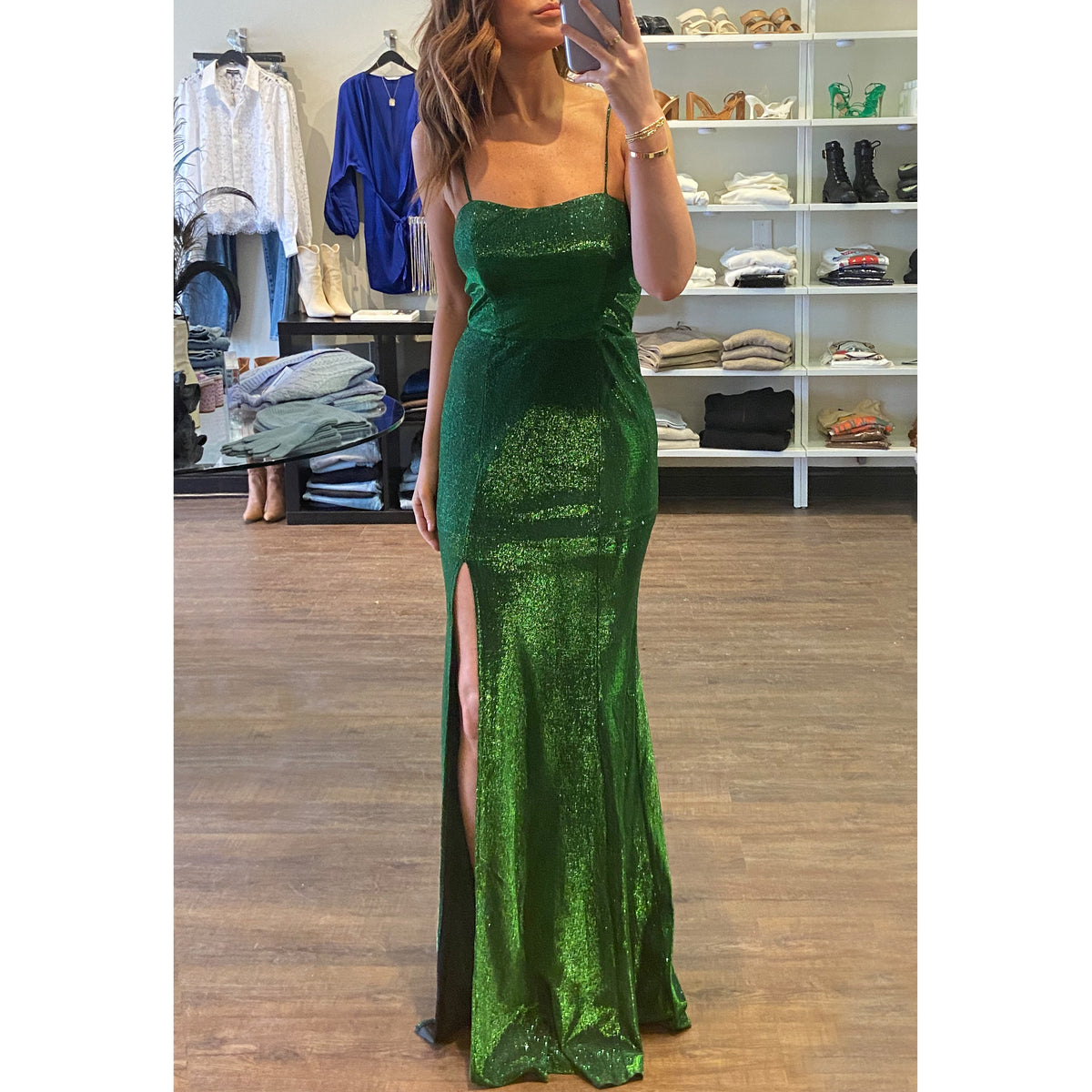 CD Square Neck Shimmer Gown in Green