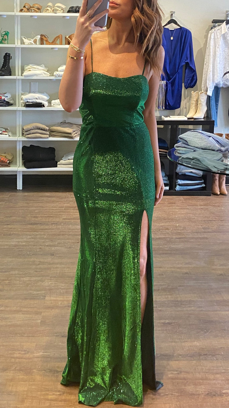 CD Square Neck Shimmer Gown in Green