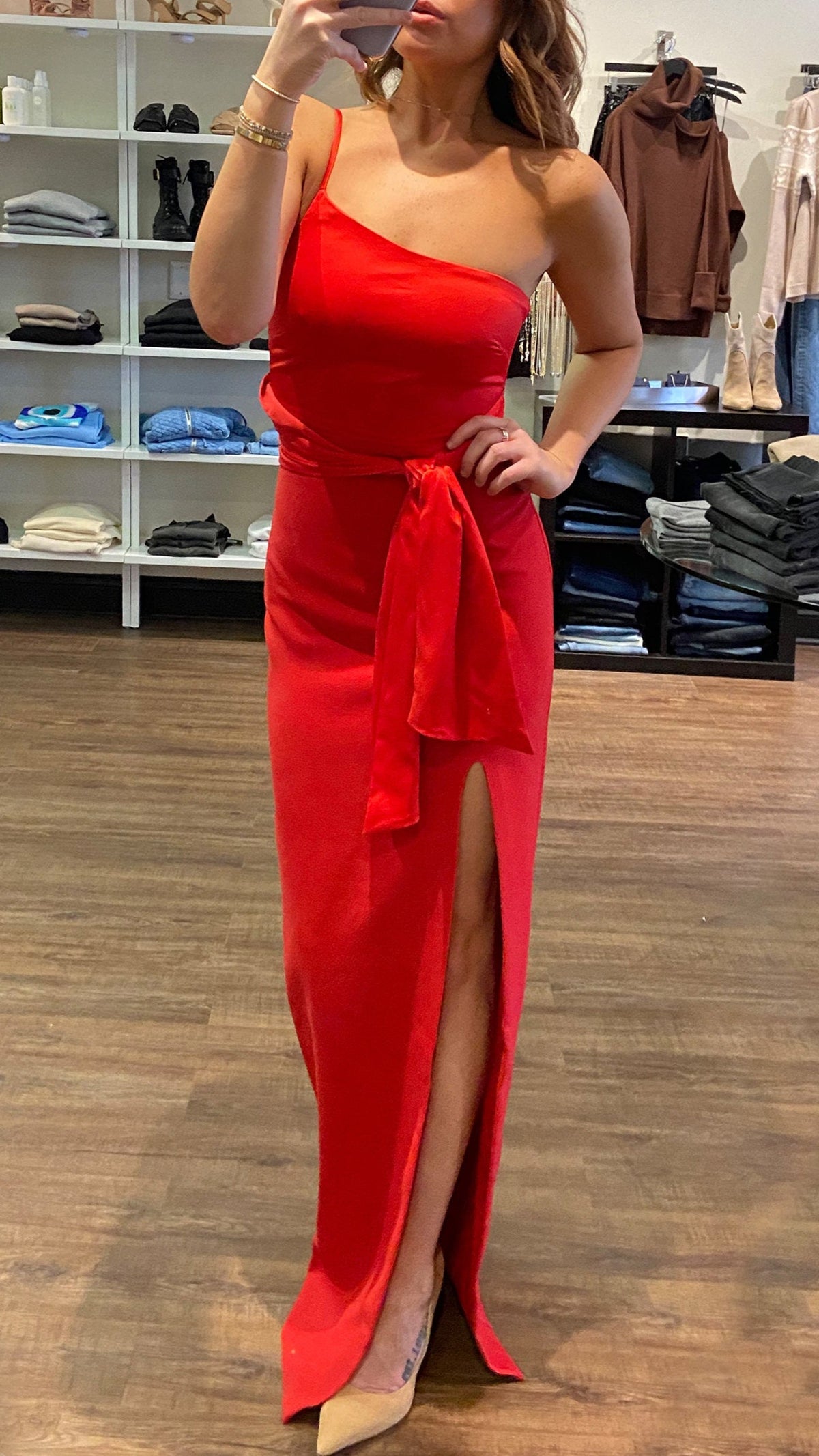 Likely Yara One Shoulder Gown in Scarlet