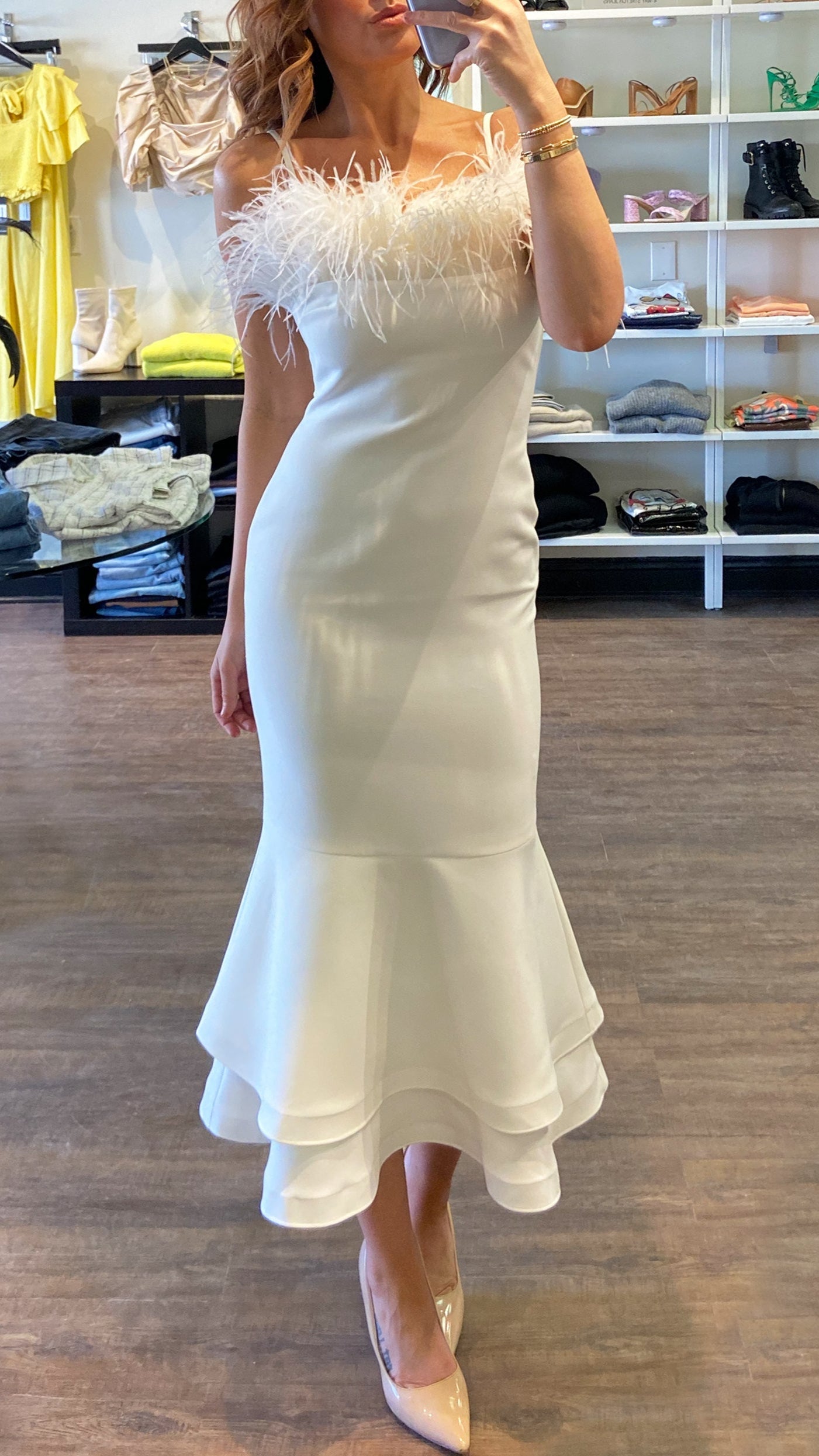 likely dress Aurora Feather Trumpet Midi in White Beaded High-Neck Quinceanera Dress skimming mini silhouette #open back Size:42 x 32